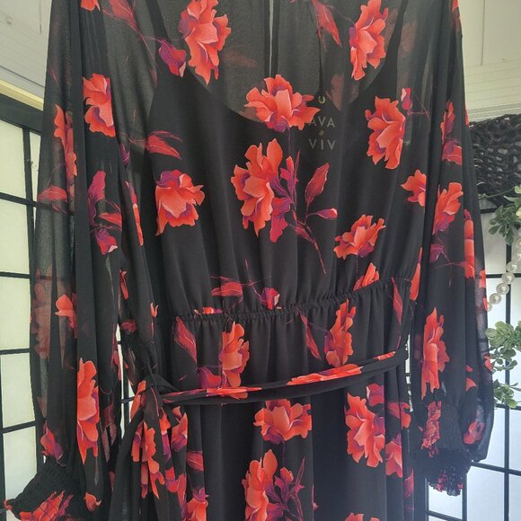 Floral Sheer Maxi Dress with Slip - Black with Red Flowers - Picture 2 of 5